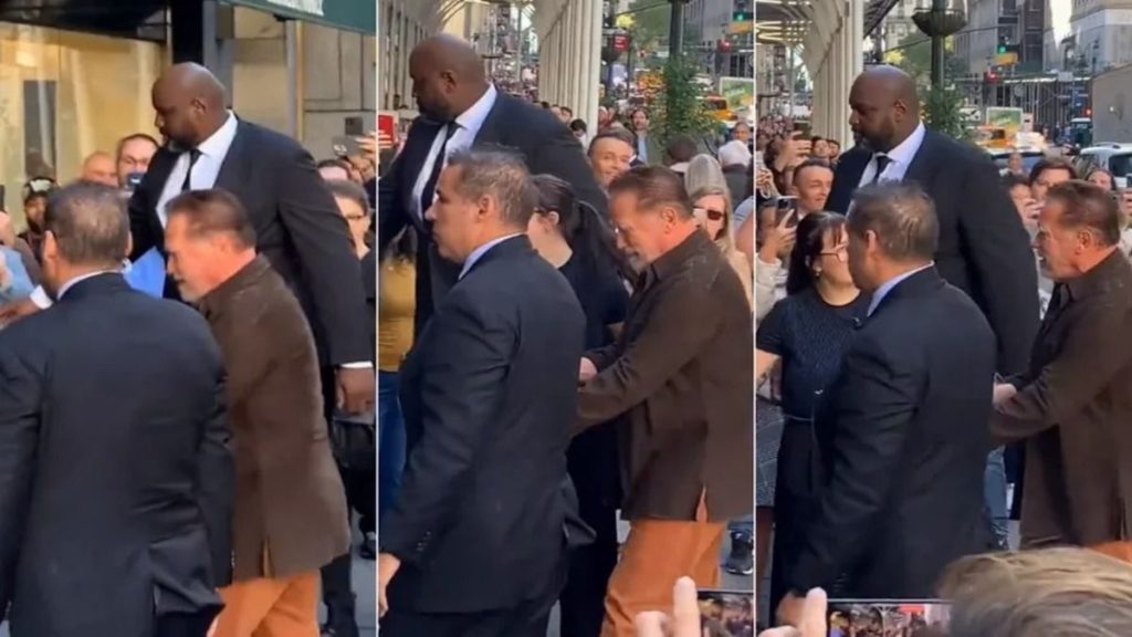 Segurança gigante faz Arnold Schwarzenegger ficar “baixinho“; veja vídeo