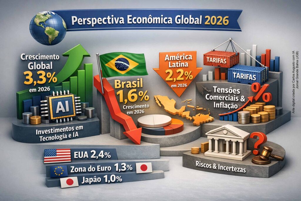Crescimento global se mantém em 3,3% em 2026, enquanto Brasil desacelera para 1,6%, projeta o FMI