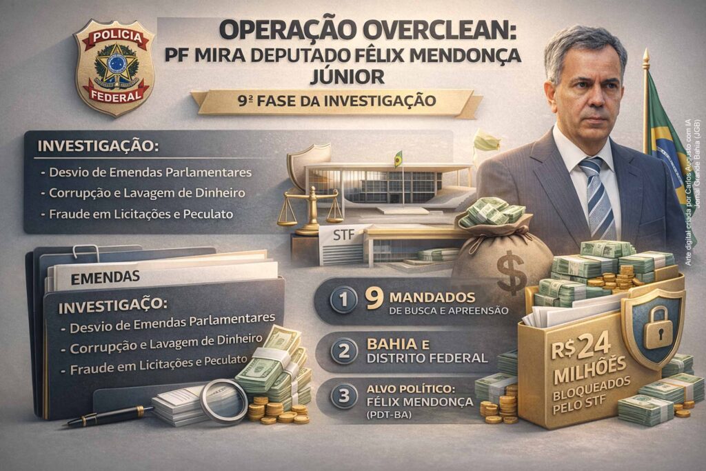 Polícia Federal mira deputado Félix Mendonça Júnior na 9ª fase da Operação Overclean por suspeita de desvio de emendas parlamentares; R$ 24 milhões foram bloqueados
