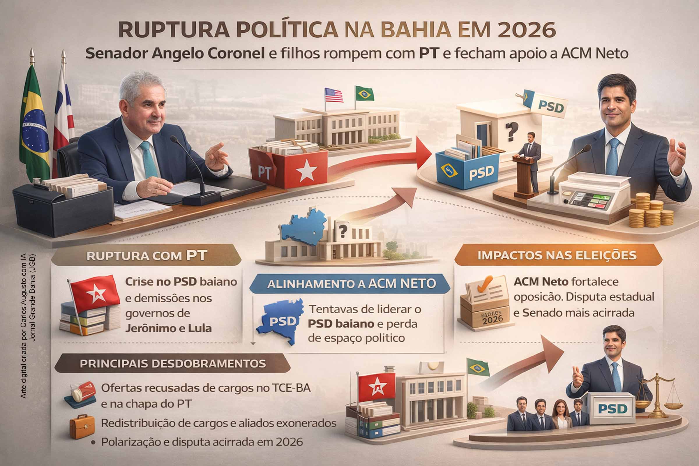 Ruptura no PSD da Bahia: Angelo Coronel e filhos rompem com o PT, alinham apoio a ACM Neto e redesenham o xadrez eleitoral de 2026