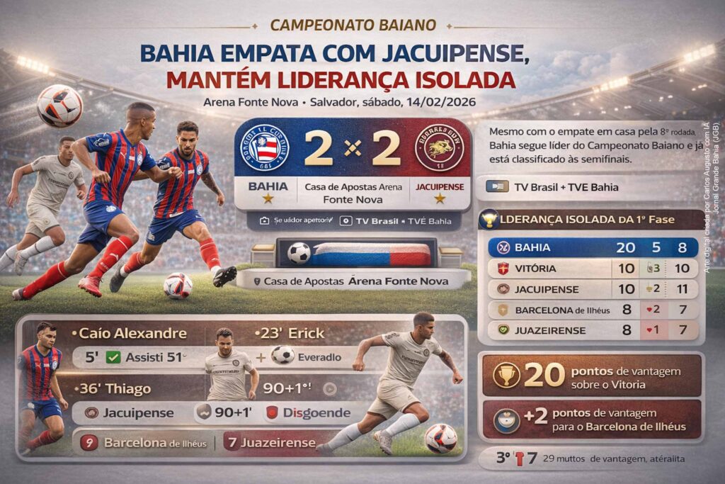 Campeonato Baiano: Bahia sofre empate no fim contra Jacuipense, mas mantém liderança isolada