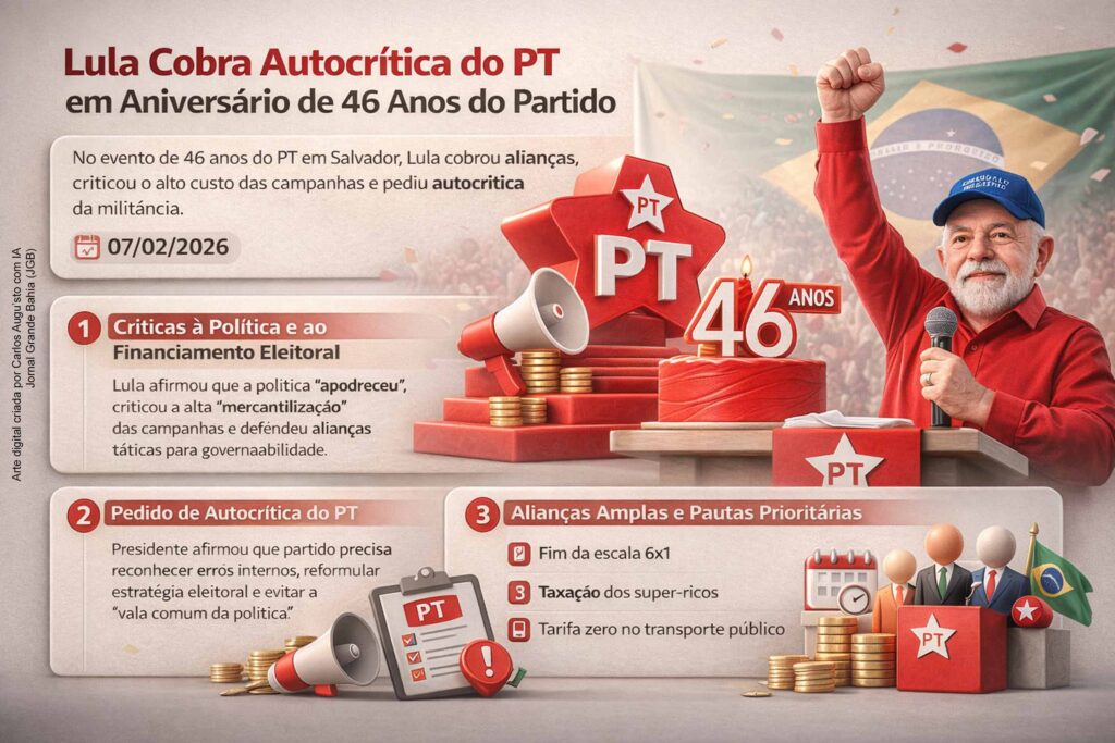 Presidente Lula cobra autocrítica do PT, critica “mercantilização” da política e convoca alianças para Eleições 2026