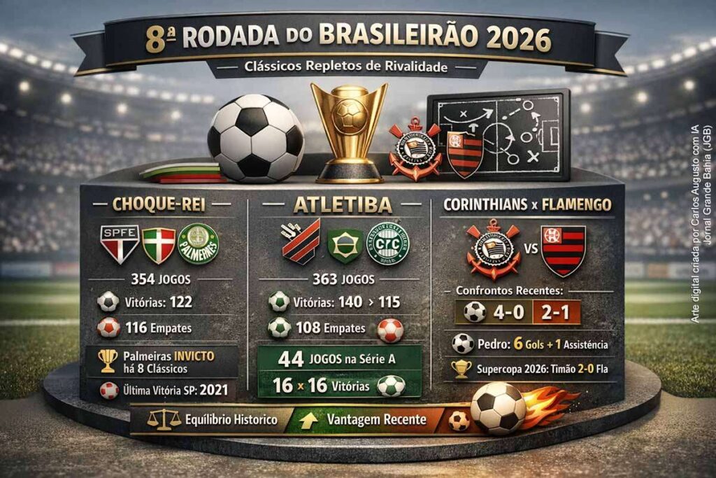 Brasileirão 2026: clássicos marcam a 8ª rodada com retrospectos equilibrados e sequências em jogo