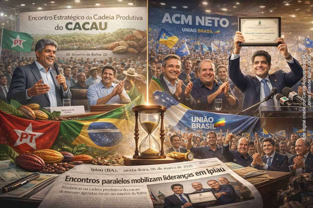 Prefeitos do território do Médio Rio de Contas, produtores rurais e representantes institucionais participam do Encontro Estratégico da Cadeia Produtiva do Cacau no Complexo Poliesportivo Cultural de Ipiaú. O evento reuniu gestores e representantes ligados ao governo estadual, enquanto o ex-prefeito de Salvador ACM Neto cumpria agenda política paralela no município.