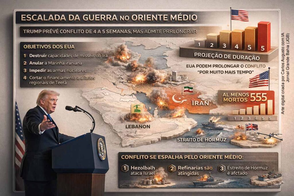 Guerra no Oriente Médio se amplia, presidente Donald Trump projeta conflito de até 5 semanas e Europa reage com escudo nuclear