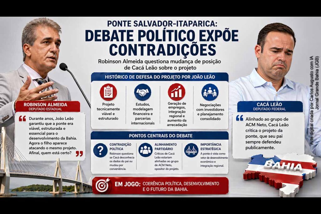 Deputado Robinson Almeida questiona mudança de posição de Cacá Leão sobre ponte Salvador-Itaparica e cobra coerência política com posição do ex-vice governador