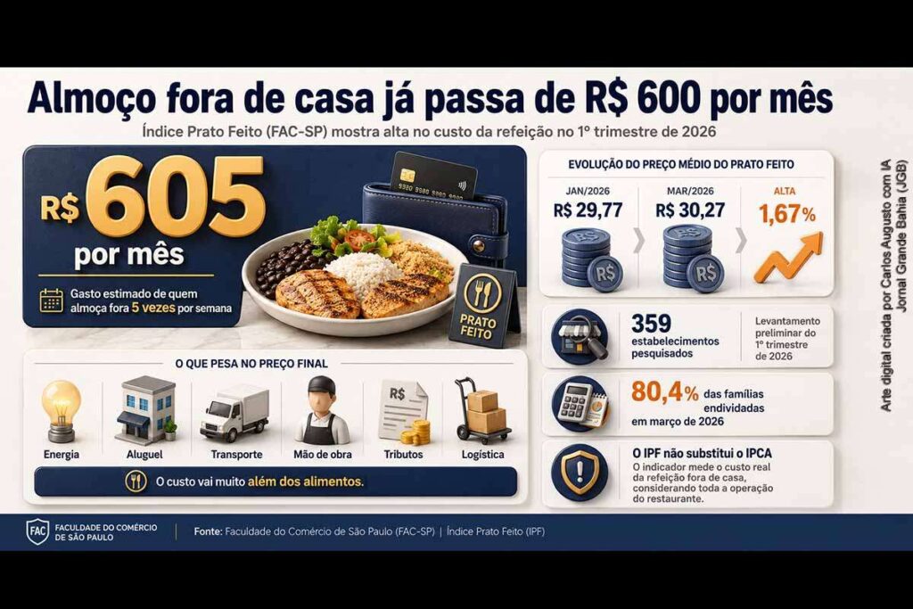 Almoço fora de casa já custa mais de R$ 600 por mês e pressiona orçamento do trabalhador, aponta FAC-SP