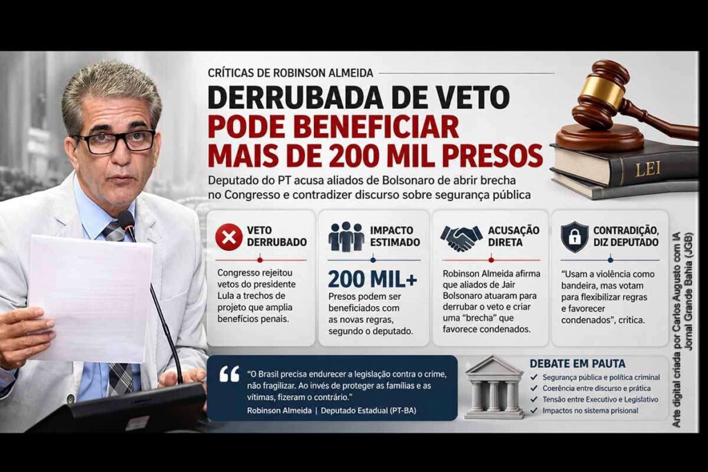 Deputado Robinson Almeida critica Congresso após derrubada de veto e alerta para impacto de medida que pode atingir 200 mil presos