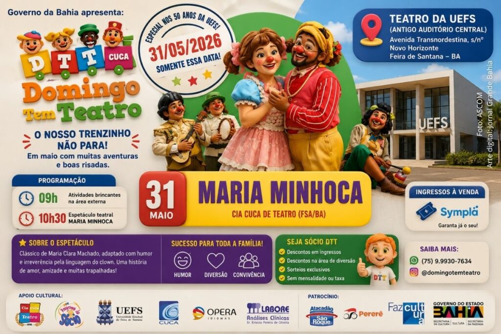 Feira de Santana: Domingo Tem Teatro leva espetáculo “Maria Minhoca” ao Teatro da UEFS em celebração aos 50 anos da universidade