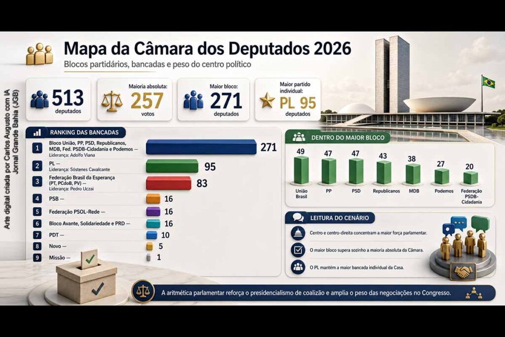 Mapa da Câmara dos Deputados mostra força dos blocos partidários e peso do centro nas Eleições 2026; confira os dados
