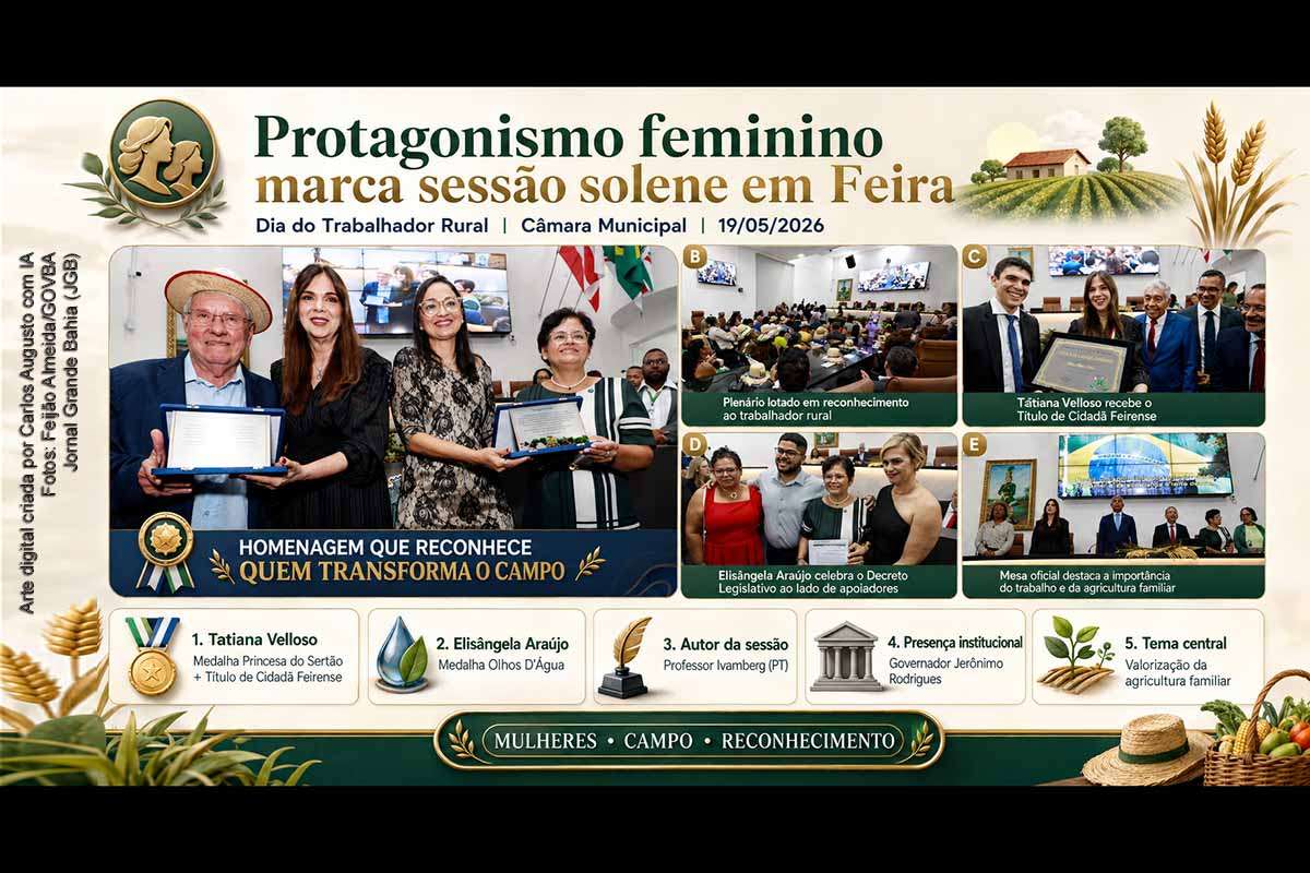 Tatiana Velloso e Elisângela Araújo são homenageadas em sessão solene sobre o Dia do Trabalhador Rural em Feira de Santana; governador Jerônimo participa 
