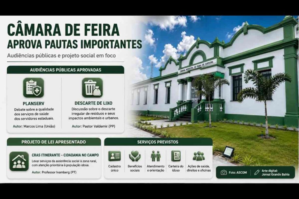 Câmara Municipal de Feira de Santana aprova audiências públicas sobre Planserv e descarte irregular de lixo; Projeto cria CRAS Itinerante para zona rural