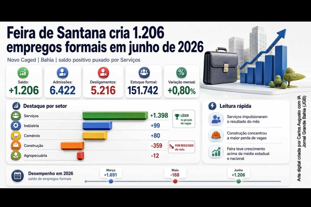 Feira de Santana cria 1.206 empregos formais em junho de 2026; Serviços impulsionam alta e Construção perde 359 vagas