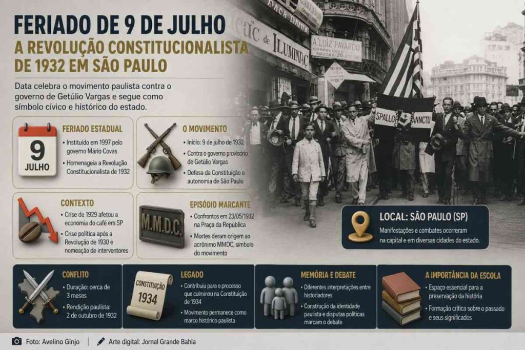 Feriado de 9 de Julho: Entenda a origem da Revolução Constitucionalista de 1932 e como a data se tornou símbolo cívico em São Paulo