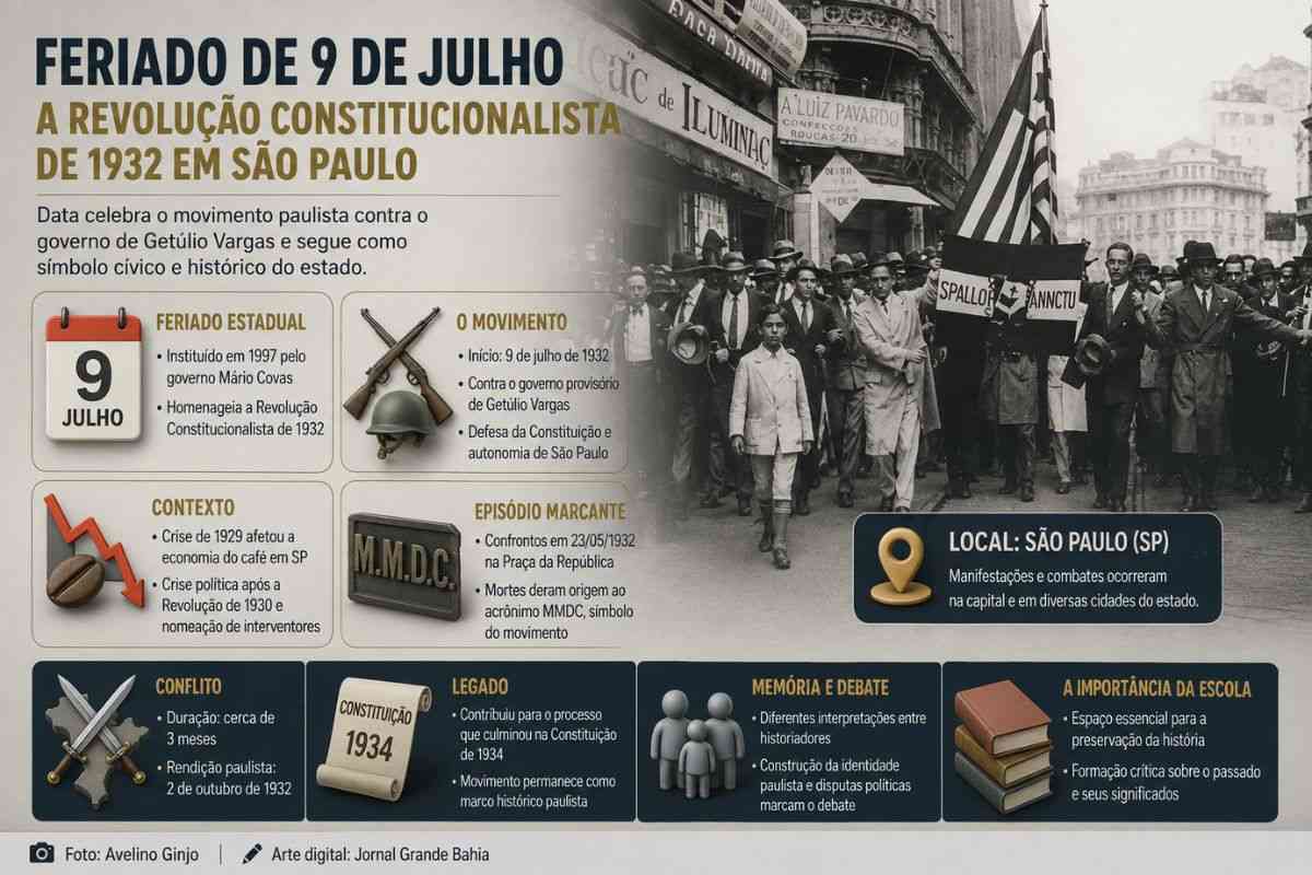 Feriado de 9 de Julho: Entenda a origem da Revolução Constitucionalista de 1932 e como a data se tornou símbolo cívico em São Paulo