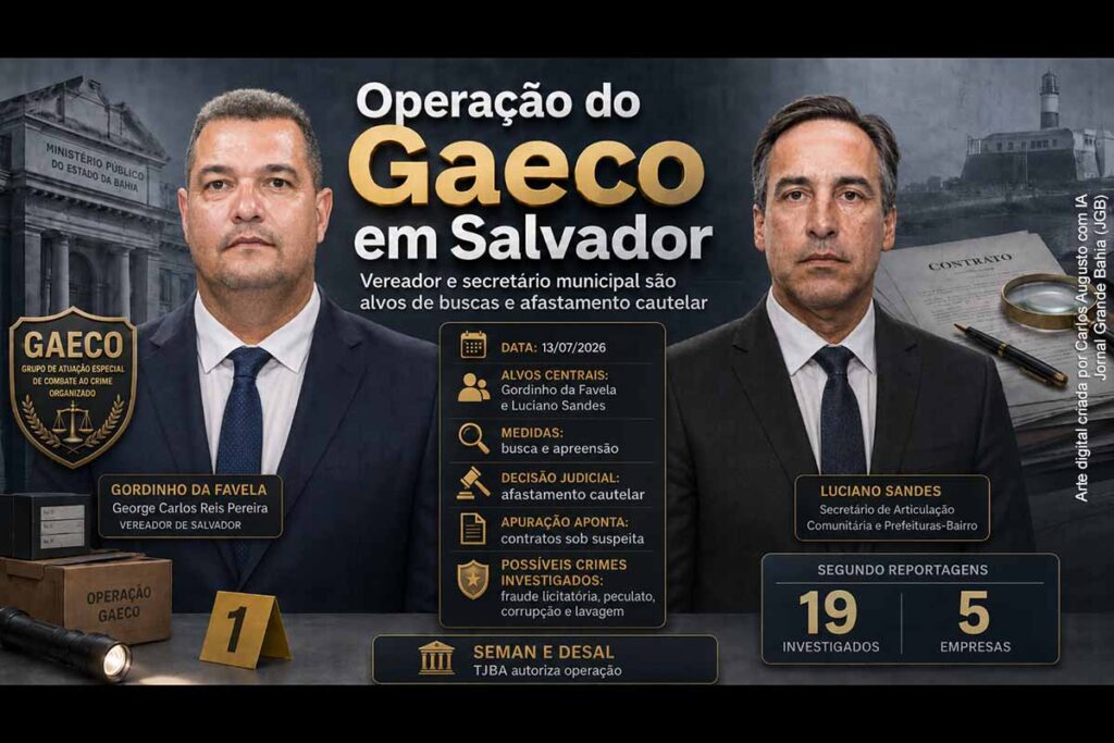 Gaeco cumpre buscas contra vereador Gordinho da Favela e secretário Luciano Sandes; Justiça determina afastamentos em Salvador