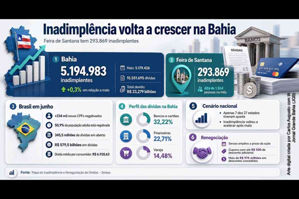 Inadimplência cresce na Bahia em junho de 2026, atinge 5,19 milhões de pessoas e chega a 293,8 mil em Feira de Santana
