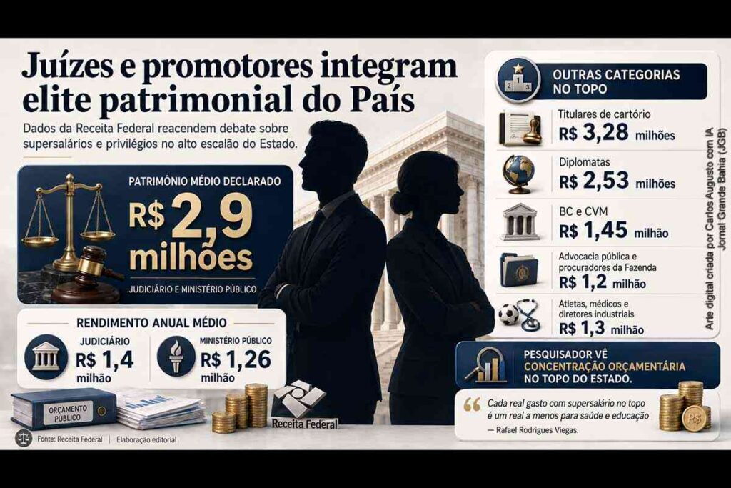Juízes e promotores declaram patrimônio médio de R$ 2,9 milhões e ampliam debate sobre supersalários, aponta Receita Federal