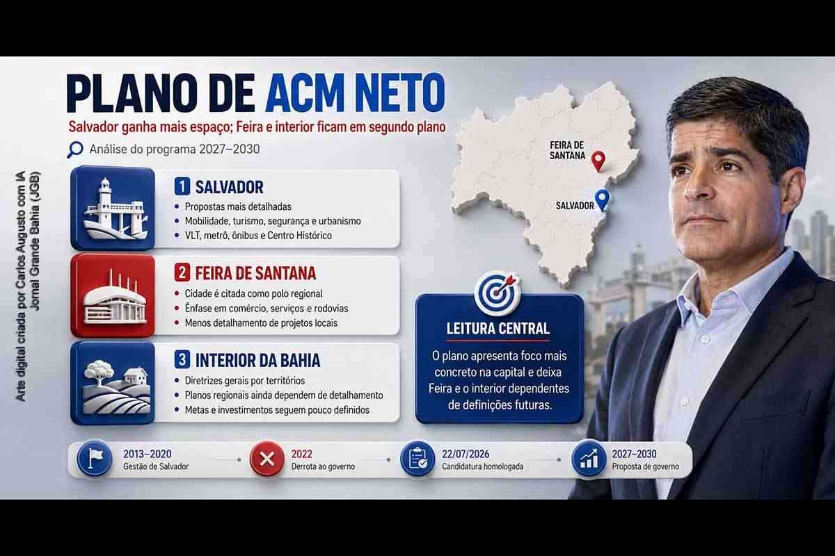 Plano de ACM Neto detalha Salvador e alimenta crítica de que Feira de Santana e interior ficam em segundo plano