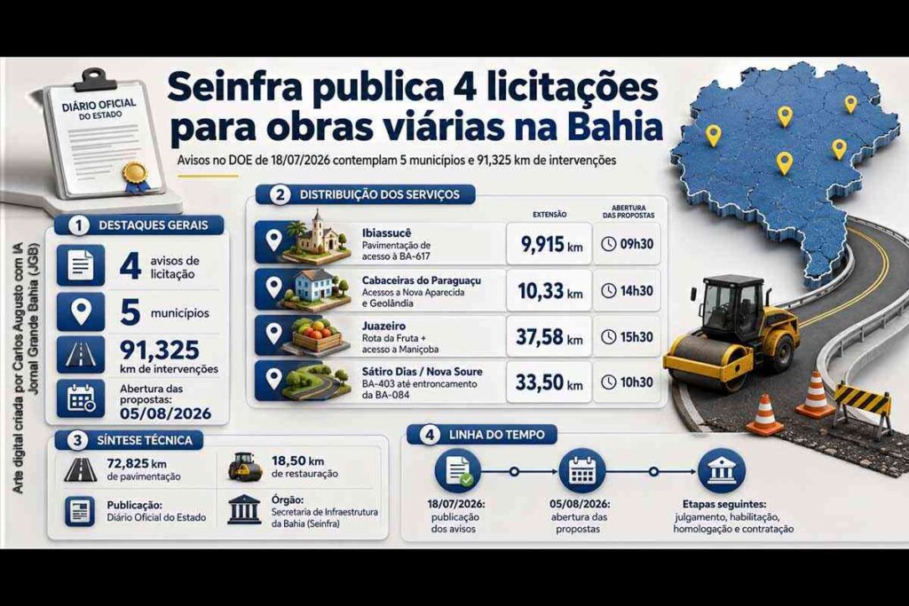 Seinfra abre quatro licitações para pavimentação e restauração de 91,3 km em cinco municípios da Bahia