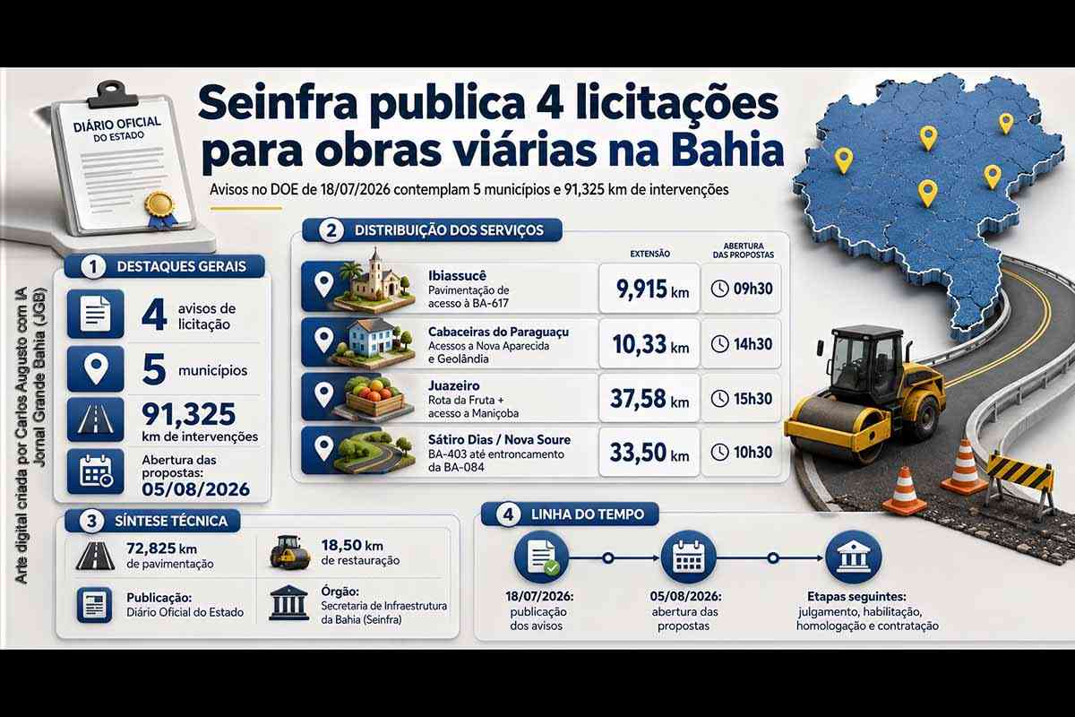Seinfra abre quatro licitações para pavimentação e restauração de 91,3 km em cinco municípios da Bahia