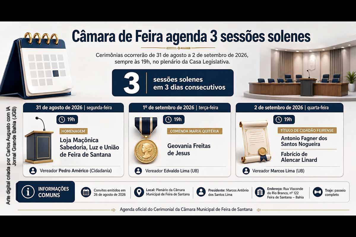 Câmara de Feira de Santana agenda três sessões solenes com homenagem maçônica, Comenda Maria Quitéria e títulos de Cidadão Feirense