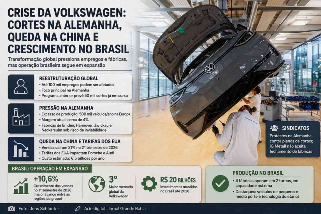 Crise da Volkswagen ameaça até 100 mil empregos na Alemanha, enquanto operação no Brasil mantém crescimento