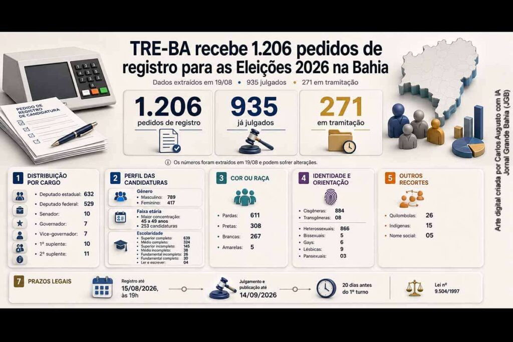 Eleições 2026 na Bahia: TRE-BA recebe 1.206 pedidos de candidatura, julga 935 e mantém 271 em tramitação