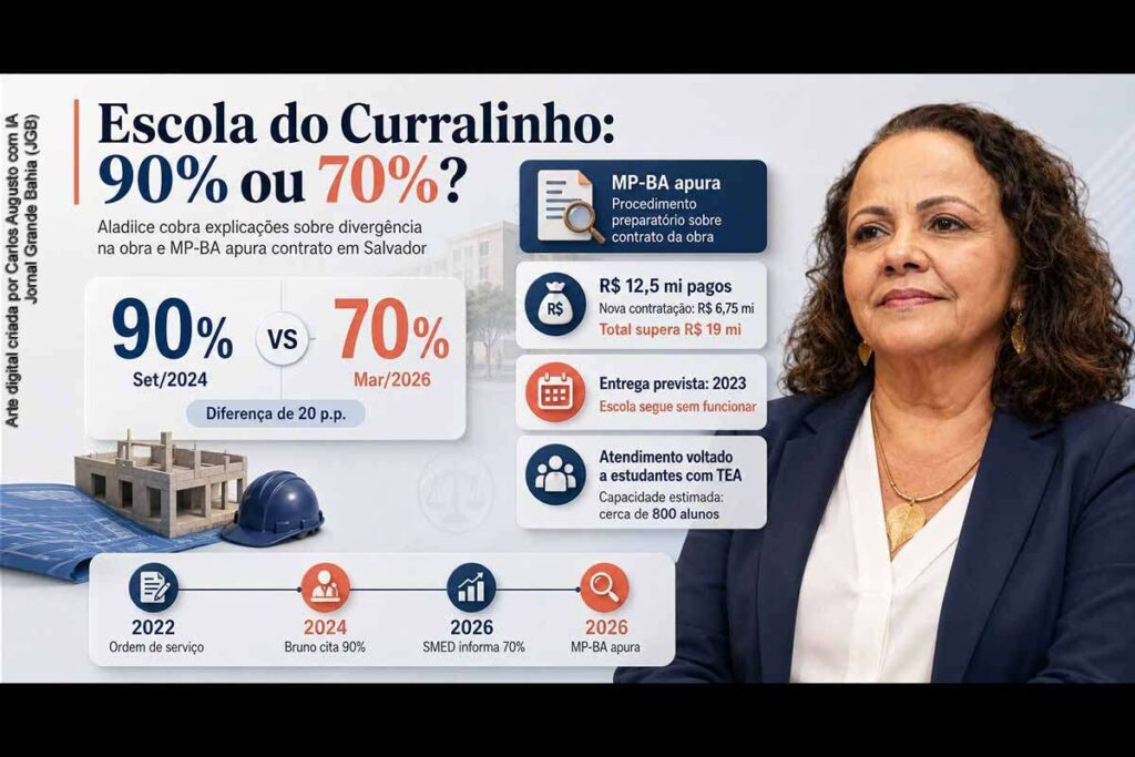 Escola do Curralinho: Aladilce cobra do prefeito Bruno Reis e ACM Neto por diferença de 90% para 70% na obra; MPBA apura contrato e gastos que superam R$ 19 milhões