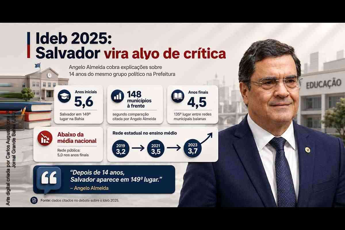 Ideb 2025: Angelo Almeida aponta Salvador em 149º na Bahia e cobra ACM Neto e Bruno Reis; rede municipal avança para 5,6