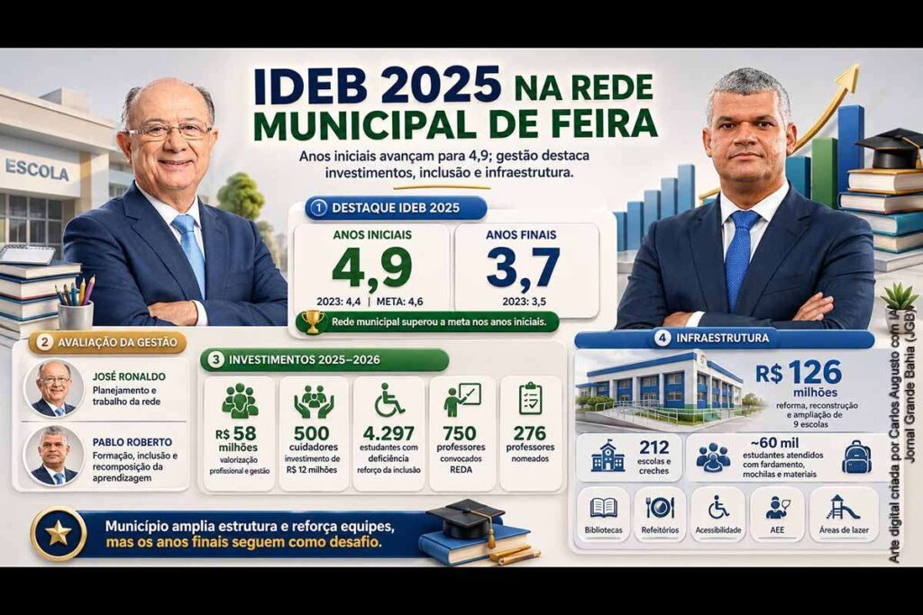 Ideb 2025: rede municipal de Feira de Santana alcança 4,9 e Governo Ronaldo amplia investimentos em escolas, professores e inclusão