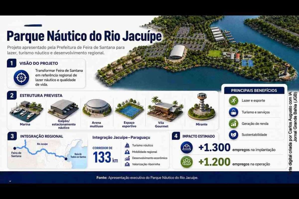 Parque Náutico do Rio Jacuípe prevê marina, arena multiuso e mais de 2,5 mil empregos em Feira de Santana