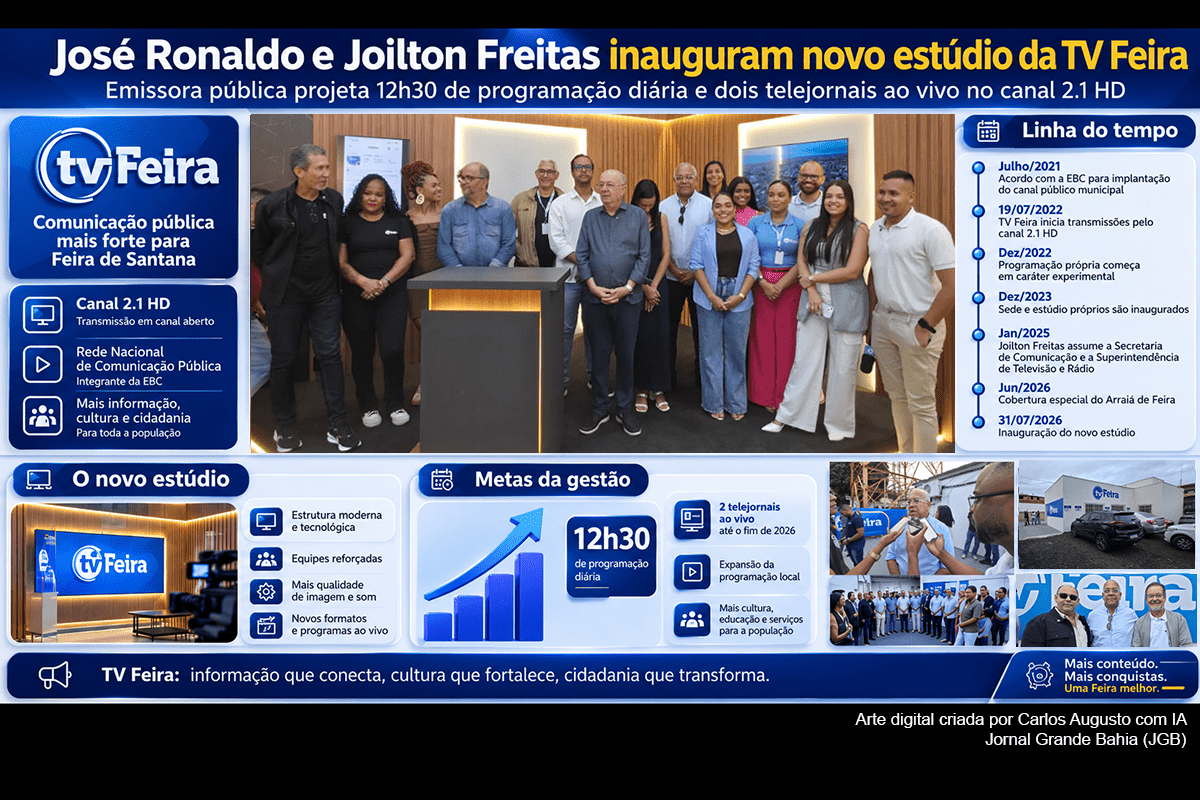 Prefeito José Ronaldo e secretário Joilton Freitas inauguram novo estúdio da TV Feira, que projeta 12h30 de programação e dois telejornais ao vivo