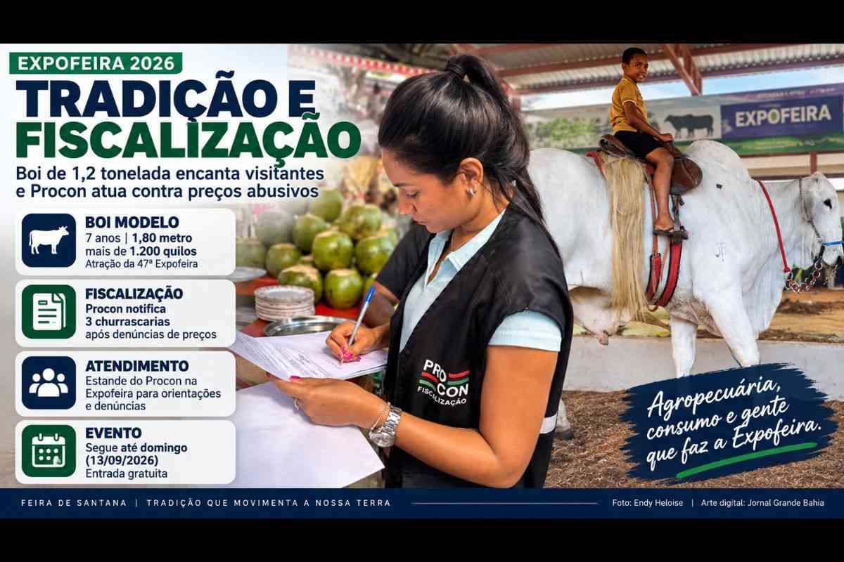 Boi de 1,2 tonelada chama atenção na Expofeira 2026, enquanto Procon fiscaliza preços no evento