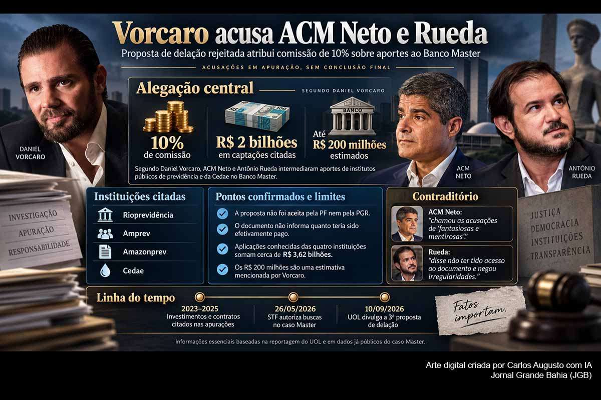 Daniel Vorcaro acusa ACM Neto e Rueda de receber 10% sobre aportes ao Banco Master; delação rejeitada cita até R$ 200 milhões