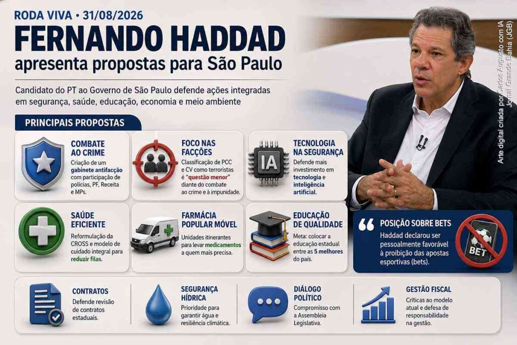 Ex-ministro Fernando Haddad propõe gabinete antifacção, defende proibição das bets e apresenta planos para saúde e educação de São Paulo no Roda Viva