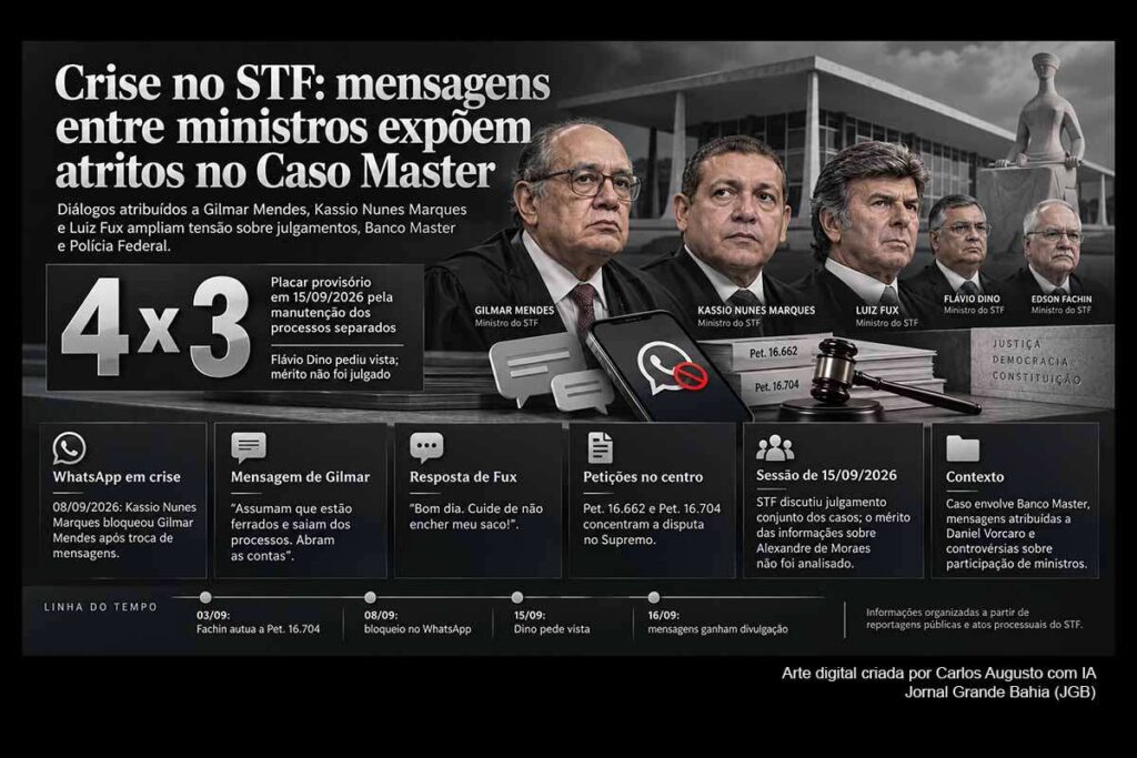 Mensagens de Gilmar Mendes a Nunes Marques e Fux expõem crise no STF em meio ao Caso Master e disputa sobre Polícia Federal