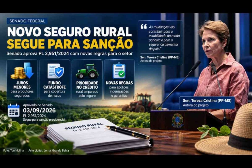Senado aprova mudanças no seguro rural com juros menores, Fundo Catástrofe e prioridade no crédito