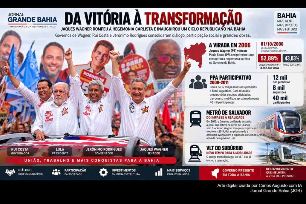 Senador Jaques Wagner venceu Paulo Souto em 2006, encerrou hegemonia carlista no Governo da Bahia e abriu ciclo do PT marcado por PPA participativo e metrô de Salvador