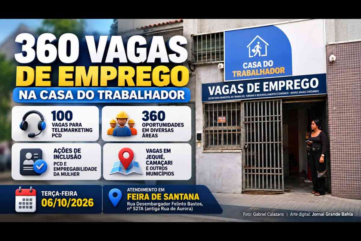 Casa do Trabalhador de Feira de Santana oferta 360 vagas com 100 oportunidades para PCD