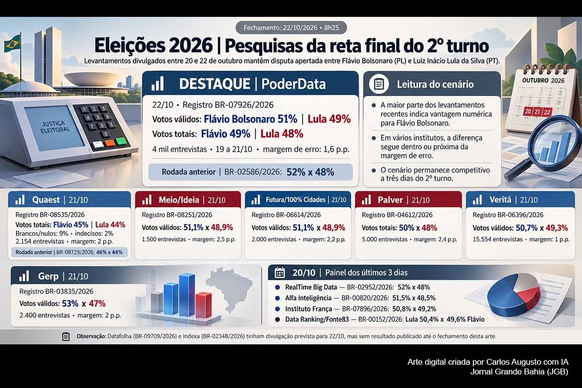 Eleições 2026: pesquisas da reta final mantêm disputa apertada entre Flávio Bolsonaro e Lula; PoderData reduz diferença para dois pontos