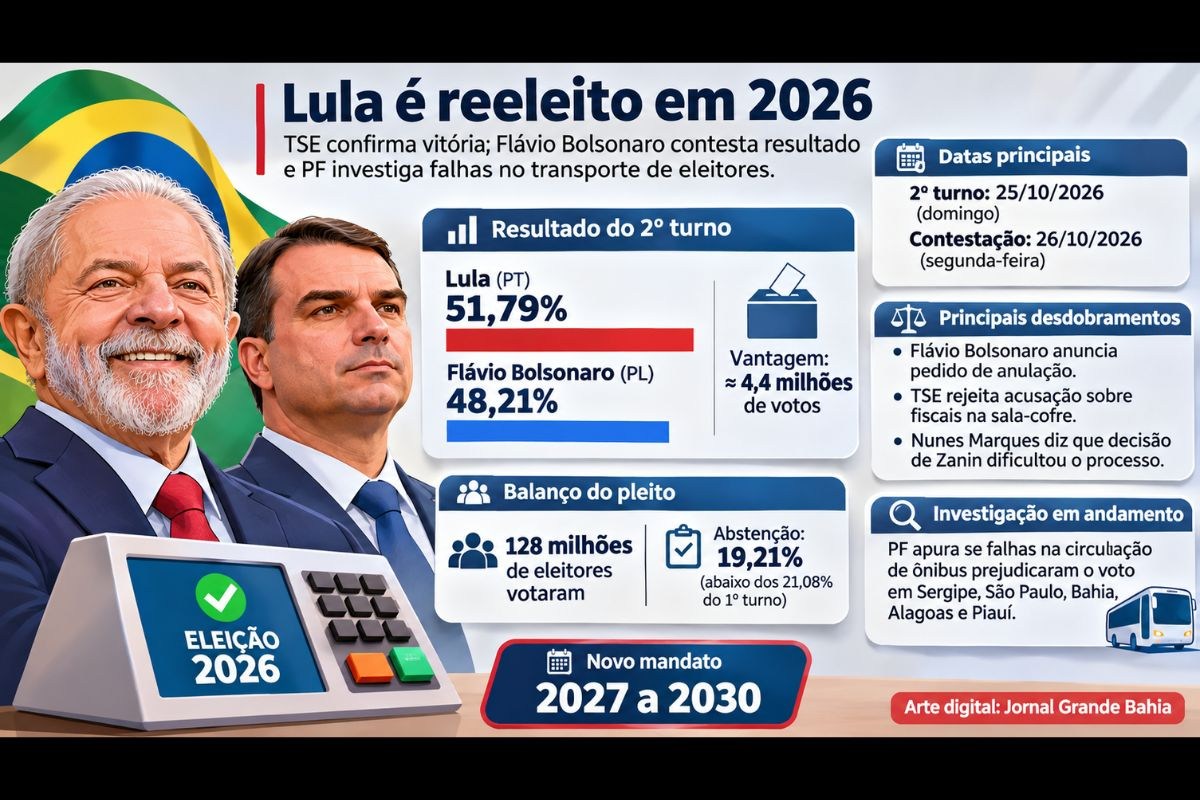 Presidente Lula é reeleito, Flávio Bolsonaro contesta resultado e PF investiga falhas no transporte de eleitores